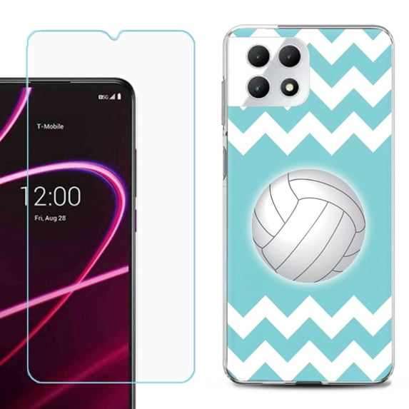 Phone Case for T-Mobile Revvl 7 5G, Shockproof Case Cover with Tempered Glass Screen Protector, by OneToughShield - Chevron/Volleyball