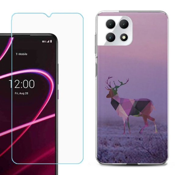 Phone Case for T-Mobile Revvl 7 5G, Shockproof Case Cover with Tempered Glass Screen Protector, by OneToughShield - Deer/Polygon