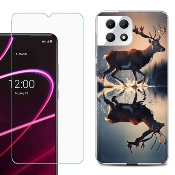 Phone Case for T-Mobile Revvl 7 5G, Shockproof Case Cover with Tempered Glass Screen Protector, by OneToughShield - Deer Running