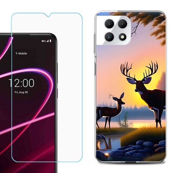 Phone Case for T-Mobile Revvl 7 5G, Shockproof Case Cover with Tempered Glass Screen Protector, by OneToughShield - Deer Sunset