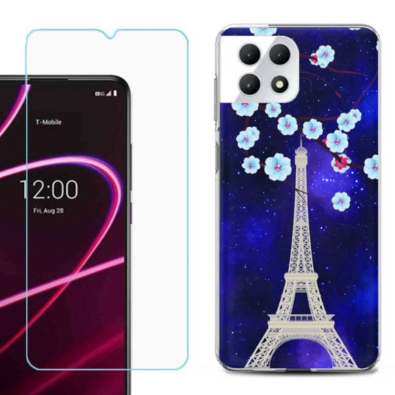 Phone Case for T-Mobile Revvl 7 5G, Shockproof Case Cover with Tempered Glass Screen Protector, by OneToughShield - Eiffel Tower Stars