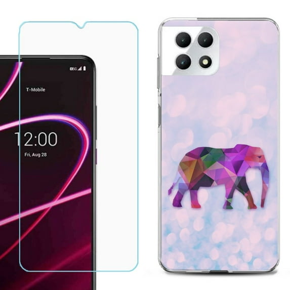 Phone Case for T-Mobile Revvl 7 5G, Shockproof Case Cover with Tempered Glass Screen Protector, by OneToughShield - Elephant /Polygon