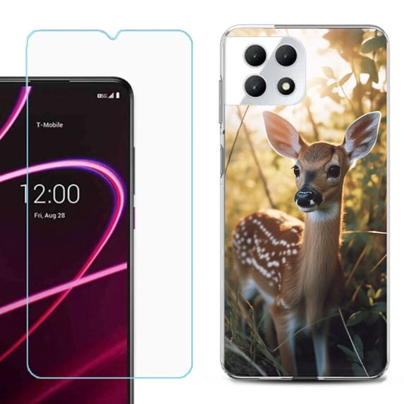 Phone Case for T-Mobile Revvl 7 5G, Shockproof Case Cover with Tempered Glass Screen Protector, by OneToughShield - Fawn Deer