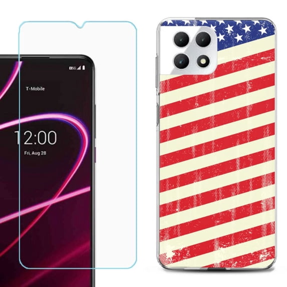 Phone Case for T-Mobile Revvl 7 5G, Shockproof Case Cover with Tempered Glass Screen Protector, by OneToughShield - Flag / USA