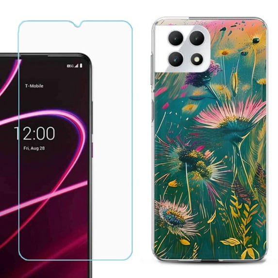 Phone Case for T-Mobile Revvl 7 5G, Shockproof Case Cover with Tempered Glass Screen Protector, by OneToughShield - Flower Wind
