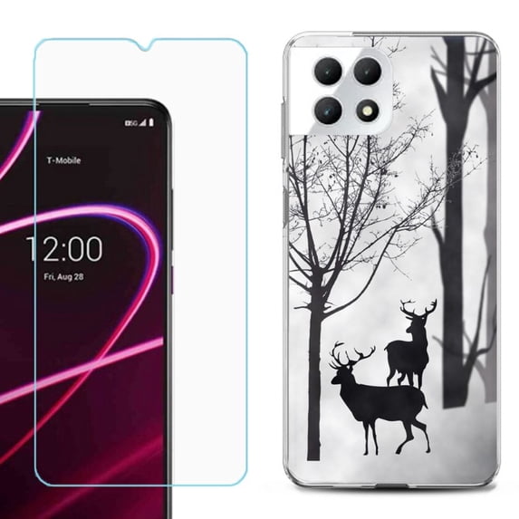Phone Case for T-Mobile Revvl 7 5G, Shockproof Case Cover with Tempered Glass Screen Protector, by OneToughShield - Forest Deer