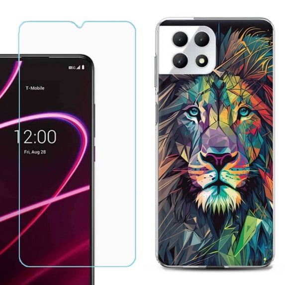 Phone Case for T-Mobile Revvl 7 5G, Shockproof Case Cover with Tempered Glass Screen Protector, by OneToughShield - Geometric Lion
