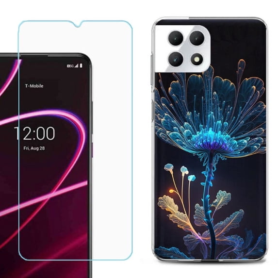 Phone Case for T-Mobile Revvl 7 5G, Shockproof Case Cover with Tempered Glass Screen Protector, by OneToughShield - Glowing Flower