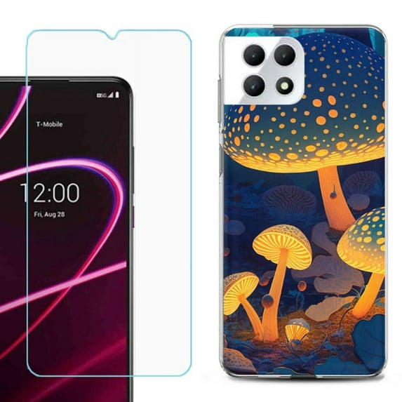 Phone Case for T-Mobile Revvl 7 5G, Shockproof Case Cover with Tempered Glass Screen Protector, by OneToughShield - Glowing Mushroom