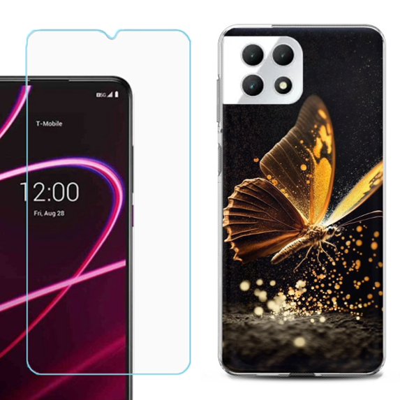 Phone Case for T-Mobile Revvl 7 5G, Shockproof Case Cover with Tempered Glass Screen Protector, by OneToughShield - Golden Butterfly