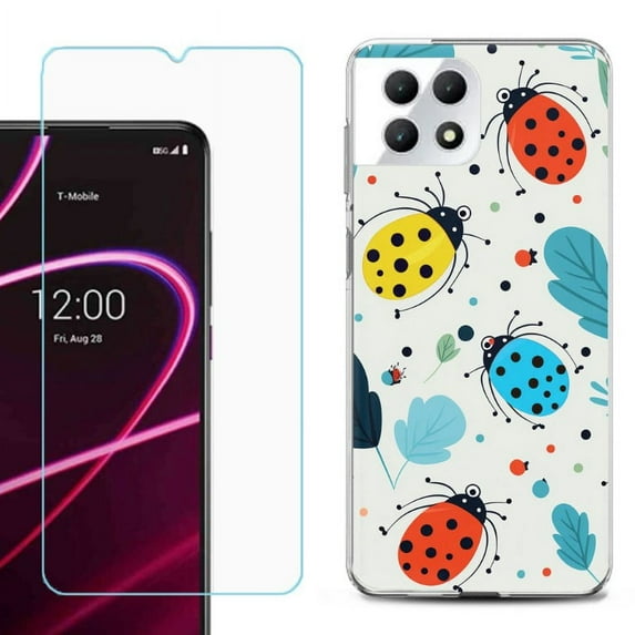 Phone Case for T-Mobile Revvl 7 5G, Shockproof Case Cover with Tempered Glass Screen Protector, by OneToughShield - Ladybug Mix