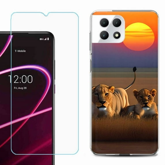 Phone Case for T-Mobile Revvl 7 5G, Shockproof Case Cover with Tempered Glass Screen Protector, by OneToughShield - Lion Sunset