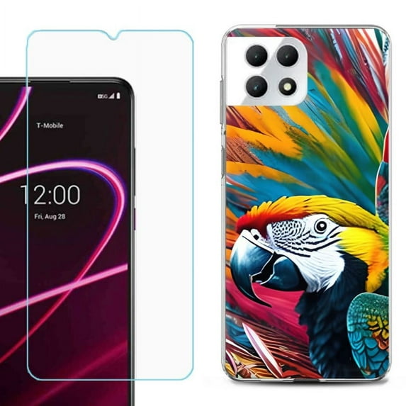 Phone Case for T-Mobile Revvl 7 5G, Shockproof Case Cover with Tempered Glass Screen Protector, by OneToughShield - Macaw