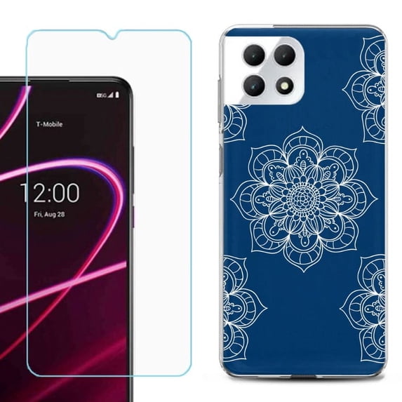 Phone Case for T-Mobile Revvl 7 5G, Shockproof Case Cover with Tempered Glass Screen Protector, by OneToughShield - Mandala / Blue