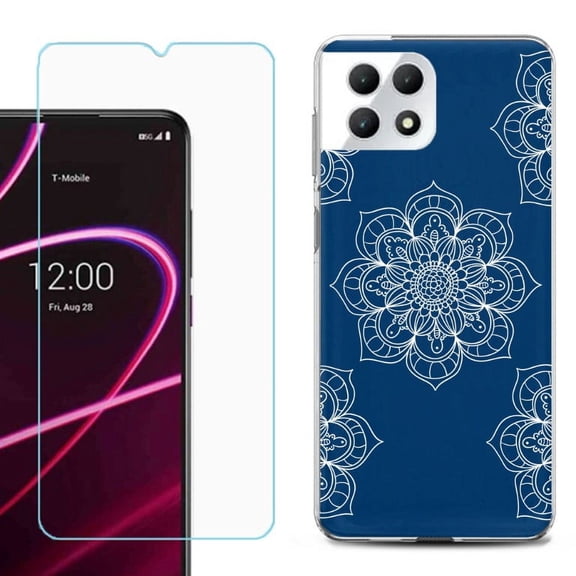 Phone Case for T-Mobile Revvl 7 5G, Shockproof Case Cover with Tempered Glass Screen Protector, by OneToughShield - Mandala / Blue