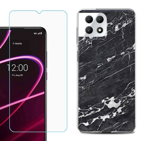 Phone Case for T-Mobile Revvl 7 5G, Shockproof Case Cover with Tempered Glass Screen Protector, by OneToughShield - Marble B/W