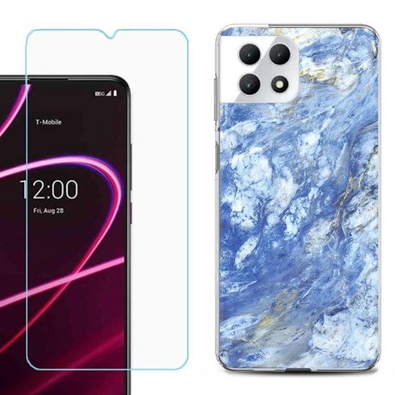 Phone Case for T-Mobile Revvl 7 5G, Shockproof Case Cover with Tempered Glass Screen Protector, by OneToughShield - Marble / Gem Blue
