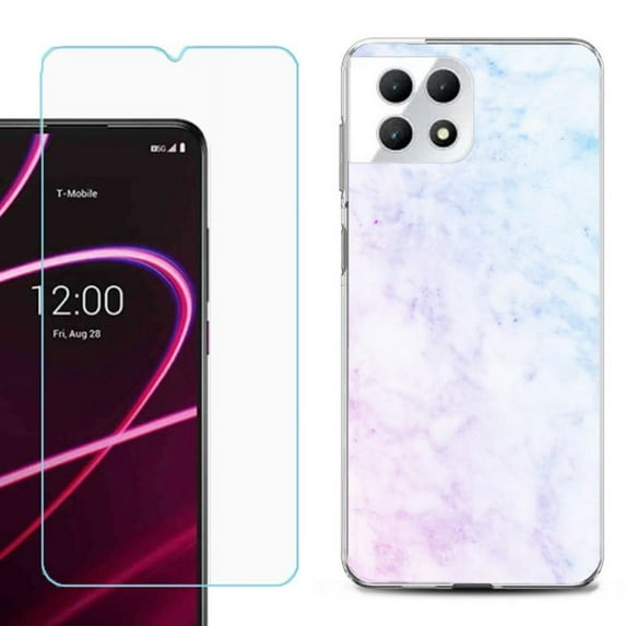 Phone Case for T-Mobile Revvl 7 5G, Shockproof Case Cover with Tempered Glass Screen Protector, by OneToughShield - Marble Pink/Blue