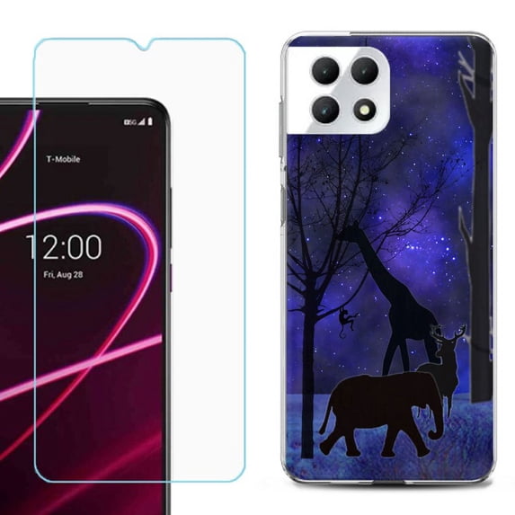 Phone Case for T-Mobile Revvl 7 5G, Shockproof Case Cover with Tempered Glass Screen Protector, by OneToughShield - Midnight Safari