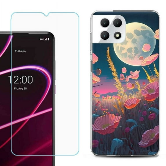 Phone Case for T-Mobile Revvl 7 5G, Shockproof Case Cover with Tempered Glass Screen Protector, by OneToughShield - Moon Poppies
