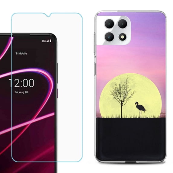 Phone Case for T-Mobile Revvl 7 5G, Shockproof Case Cover with Tempered Glass Screen Protector, by OneToughShield - Moonlight Flamingo