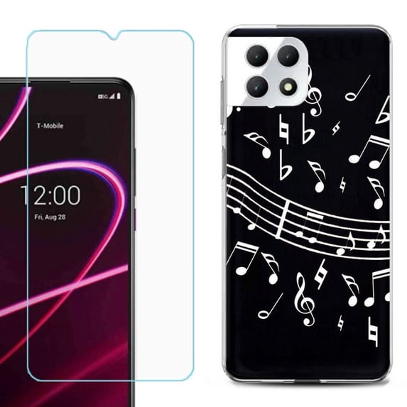 Phone Case for T-Mobile Revvl 7 5G, Shockproof Case Cover with Tempered Glass Screen Protector, by OneToughShield - Music Notes / Black
