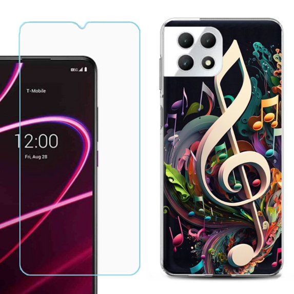 Phone Case for T-Mobile Revvl 7 5G, Shockproof Case Cover with Tempered Glass Screen Protector, by OneToughShield - Music Notes Colorful