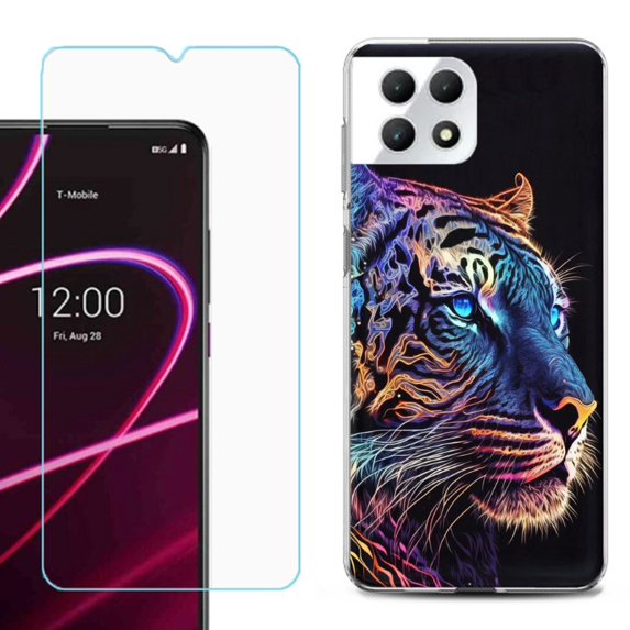 Phone Case for T-Mobile Revvl 7 5G, Shockproof Case Cover with Tempered Glass Screen Protector, by OneToughShield - Neon Tiger