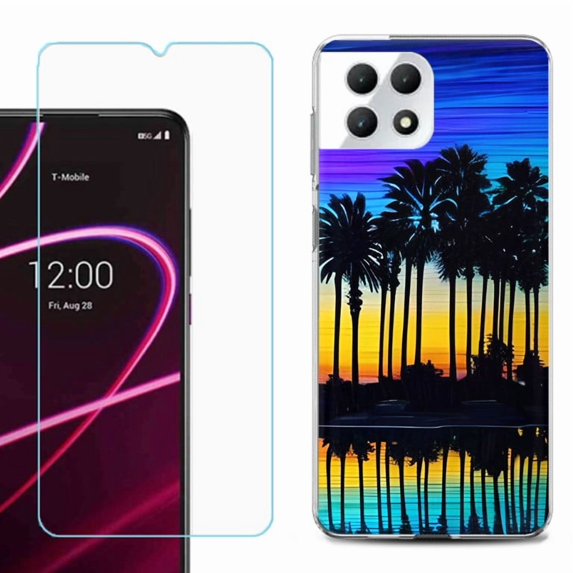 Phone Case for T-Mobile Revvl 7 5G, Shockproof Case Cover with Tempered Glass Screen Protector, by OneToughShield - Palmtree