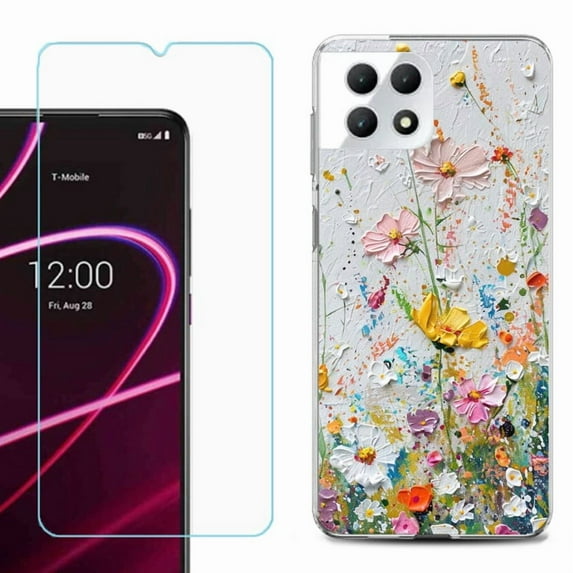 Phone Case for T-Mobile Revvl 7 5G, Shockproof Case Cover with Tempered Glass Screen Protector, by OneToughShield - Pastel Flowers