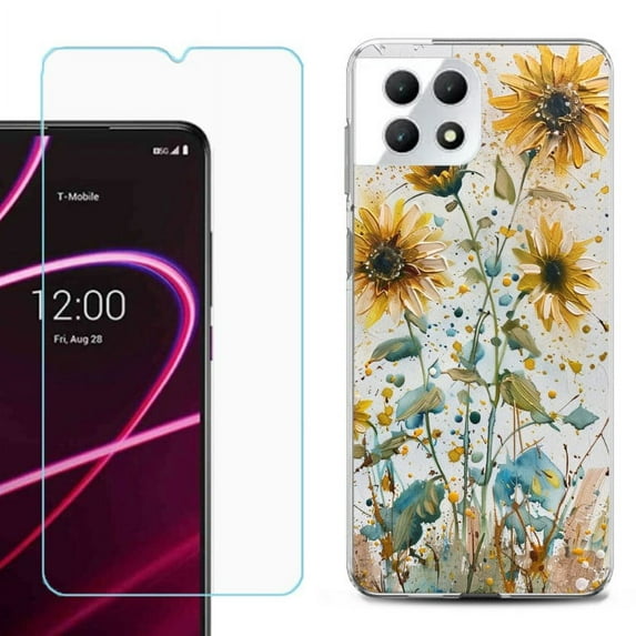 Phone Case for T-Mobile Revvl 7 5G, Shockproof Case Cover with Tempered Glass Screen Protector, by OneToughShield - Pastel Sunflowers
