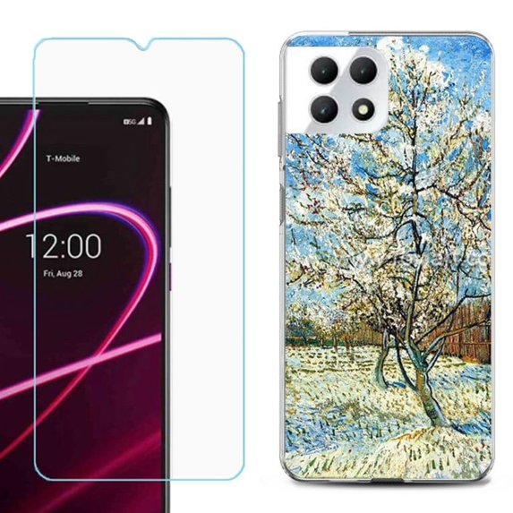Phone Case for T-Mobile Revvl 7 5G, Shockproof Case Cover with Tempered Glass Screen Protector, by OneToughShield - Peach Tree Blossom