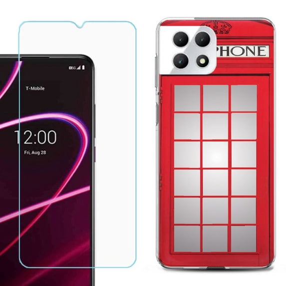 Phone Case for T-Mobile Revvl 7 5G, Shockproof Case Cover with Tempered Glass Screen Protector, by OneToughShield - Phone Booth Red
