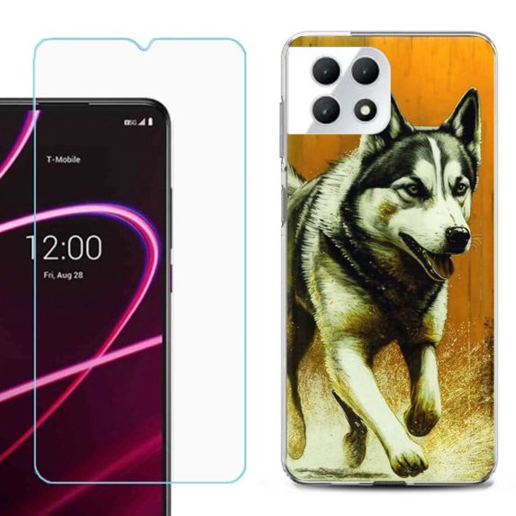 Phone Case for T-Mobile Revvl 7 5G, Shockproof Case Cover with Tempered Glass Screen Protector, by OneToughShield - Running Husky