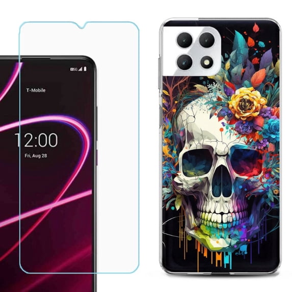 Phone Case for T-Mobile Revvl 7 5G, Shockproof Case Cover with Tempered Glass Screen Protector, by OneToughShield - Skull Flower
