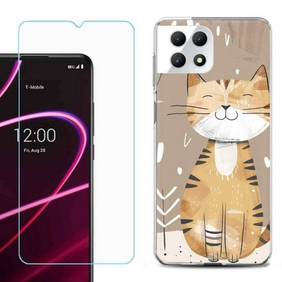 Phone Case for T-Mobile Revvl 7 5G, Shockproof Case Cover with Tempered Glass Screen Protector, by OneToughShield - Smiling Cat