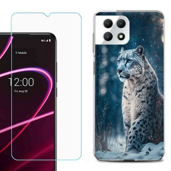 Phone Case for T-Mobile Revvl 7 5G, Shockproof Case Cover with Tempered Glass Screen Protector, by OneToughShield - Snow Leopard