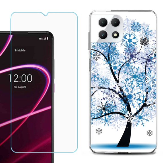 Phone Case for T-Mobile Revvl 7 5G, Shockproof Case Cover with Tempered Glass Screen Protector, by OneToughShield - Snowflakes Tree