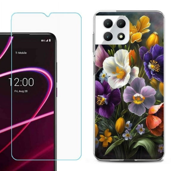 Phone Case for T-Mobile Revvl 7 5G, Shockproof Case Cover with Tempered Glass Screen Protector, by OneToughShield - Spring Flower