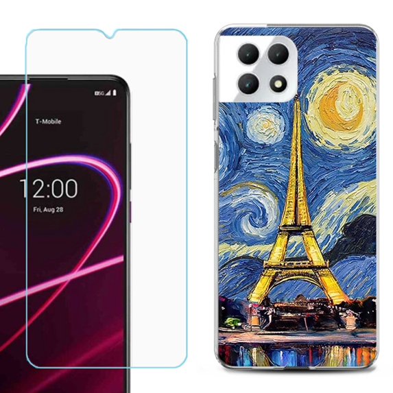 Phone Case for T-Mobile Revvl 7 5G, Shockproof Case Cover with Tempered Glass Screen Protector, by OneToughShield - Starry Night Eiffel