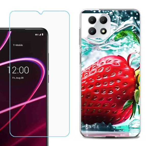 Phone Case for T-Mobile Revvl 7 5G, Shockproof Case Cover with Tempered Glass Screen Protector, by OneToughShield - Strawberry