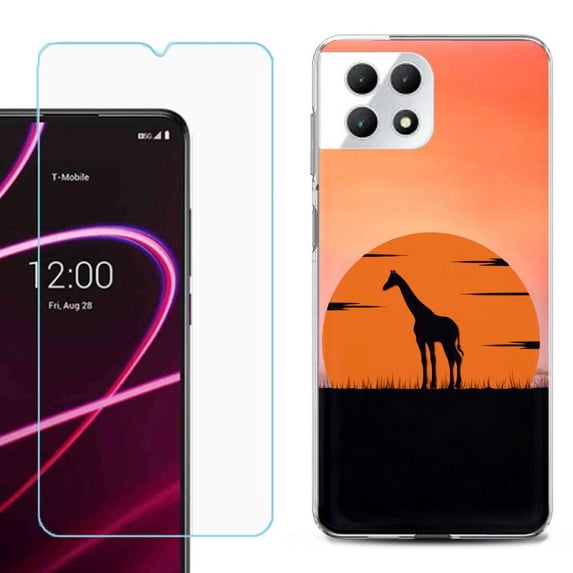 Phone Case for T-Mobile Revvl 7 5G, Shockproof Case Cover with Tempered Glass Screen Protector, by OneToughShield - Sunset Giraffe