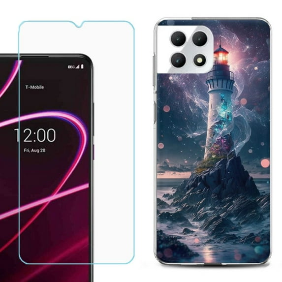 Phone Case for T-Mobile Revvl 7 5G, Shockproof Case Cover with Tempered Glass Screen Protector, by OneToughShield - Surreal Lighthouse