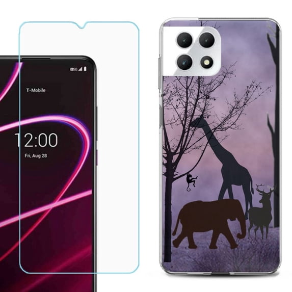 Phone Case for T-Mobile Revvl 7 5G, Shockproof Case Cover with Tempered Glass Screen Protector, by OneToughShield - Twilight Safari