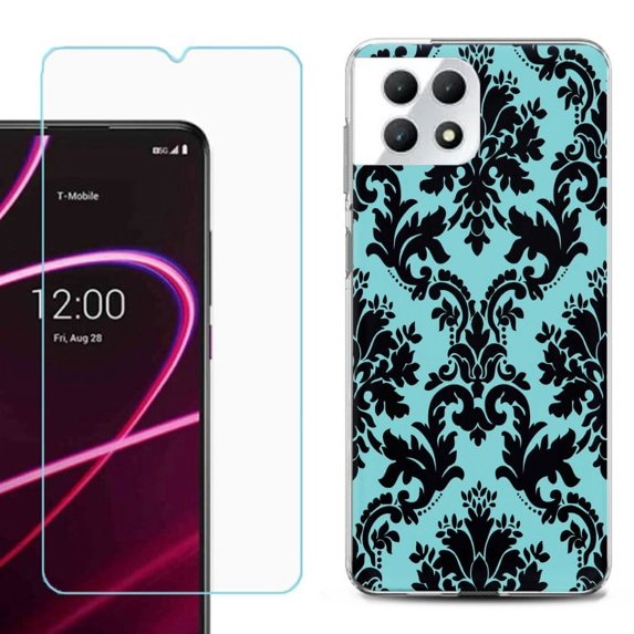 Phone Case for T-Mobile Revvl 7 5G, Shockproof Case Cover with Tempered Glass Screen Protector, by OneToughShield - Victorian Blue/Black