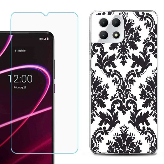Phone Case for T-Mobile Revvl 7 5G, Shockproof Case Cover with Tempered Glass Screen Protector, by OneToughShield - Victorian White/Black