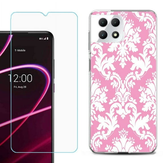 Phone Case for T-Mobile Revvl 7 5G, Shockproof Case Cover with Tempered Glass Screen Protector, by OneToughShield - Victorian White/Pink