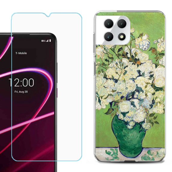 Phone Case for T-Mobile Revvl 7 5G, Shockproof Case Cover with Tempered Glass Screen Protector, by OneToughShield - White Roses