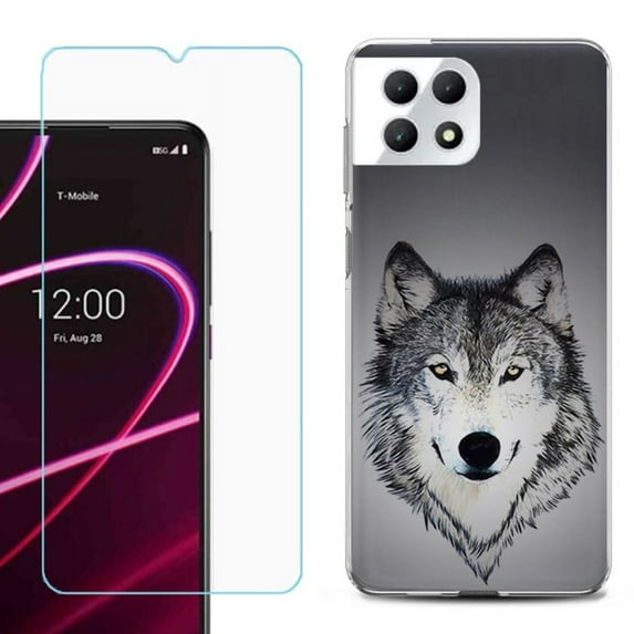 Phone Case for T-Mobile Revvl 7 5G, Shockproof Case Cover with Tempered Glass Screen Protector, by OneToughShield - Wolf Face