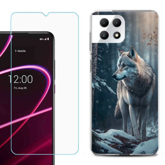 Phone Case for T-Mobile Revvl 7 5G, Shockproof Case Cover with Tempered Glass Screen Protector, by OneToughShield - Wolf Winter